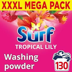 Surf Tropical Lily Washing Powder joy-infused fragrance with natural essential oil lasting up to 12 hours in wear for brilliantly clean laundry every time 130 washes 6.5 kg
