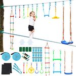 COSTWAY Ninja Slackline Set for Kids, 15m Warrior Obstacle Course Slackline Kit with Swing, Ladder, Monkey Bars, Gym Rings and Arm Trainer, 300kg Capacity
