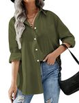 Hotouch Women Collar Shirt Casual Button Up Blouse Office Boyfriend Long Sleeve Tops with Pockets Army Green S