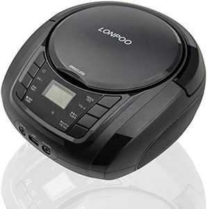 LONPOO Portable Boombox - CD Player, Bluetooth, USB, MP3, AUX, FM Radio, Portable, Built-in Stereo Speakers, Carrying Handle, LCD Display, Black