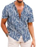 COOFANDY Men's Hawaiian Floral Shirts Cotton Linen Button Down Tropical Holiday Beach Shirts, A- Blue Leaves, Large