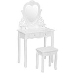 WOLTU White Dressing Table with Stool and Swivelling Mirror, Make-up Table with 4 Drawers, Wooden Bedroom Furniture for Girls and Ladies, Baroque Style Vanity Desk, 74.5 x 40 x 138cm, MB6025cm