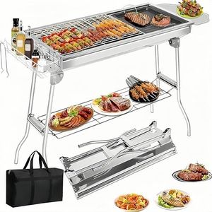 Foldable Portable Charcoal Grill - 304 Food Grade Stainless Steel BBQ, 5-10 Person with Carry Bag & Ash Pan, Even Heat for Beach Camping Backyard, Easy Setup Clean