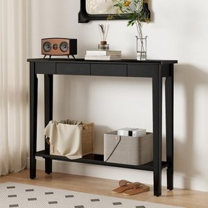 AQIMUELE Wood Console Table with Drawers, Mid Century Modern Console Table Black for Entryway, Living Room, Hall Way.