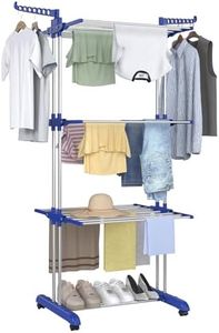 Bigzzia Clothes Drying Rack, Folding Stainless Steel Drying Rack Clothing Indoor Outdoor, Space-Saving, 4 Tier Laundry Drying Rack with Two Side Wings Grey Blue