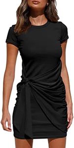 BTFBM Women Crew Neck Short Sleeve Ruched Bodycon T Shirt Dress Casual Tie Waist Plain Sun Beach Summer Short Dresses, Short Sleeve Black, Medium