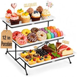 Yedio 3 Tier Serving Trays for Party, Porcelain Serving Platters and Trays, 12 Inch Tiered Tray Stand, Fruit Tray, Trays for Serving Food, White Dessert Stand with Collapsible Sturdier Metal Rack