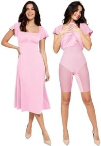 Popilush Shapewear Dress Built-in Bra Pink Short Sleeve Square Neck A-Line Flowy Wedding Guest Midi Dresses for Women XS