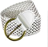 ANNULOYA 2 Inch Wide Leather Braided Belts for Women 100% Hand Made Soft Woven Waistbands with Round Golden Pin Buckle (White)