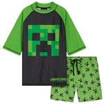 Minecraft Boys 2 Piece Swimwear Set for Pool, Beach Holiday Essentials - Gamer Gifts (7-8 Years, Green/Black)