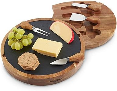 VonShef Cheese Board, Circular Serving Tray with Stainless Steel Knife Set & Slate Top, Easy Clean Charcuterie Serving Board with Knife Drawer & Gift Box