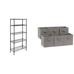 AmazonBasics 5-Shelf Shelving Storage Unit, Metal Organizer Wire Rack, Black & AmazonBasics Foldable Storage Bins Cubes Organizer, 6-Pack, Gray