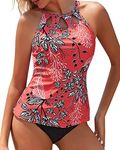 Yonique Two Piece High Neck Tankini Swimsuits for Women Tummy Control Bathing Suits Floral Print Swimwear, Coral, Small