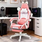 Dowinx Gaming Chair Cute with Cat Ears and Massage Lumbar Support, Ergonomic Computer Chair for Girl with Footrest and Headrest, Comfortable Reclining Game Chair 290lbs for Adult, Teen, Pink Cat