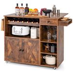Giantex Kitchen Island with Drop Leaf - Mobile Kitchen Storage Cart with Cabinet, 3 Cube Shelves, 7 Wine Bottles Rack, 1 Drawer, Spice Rack, Rolling Island Table w/Handle for Bar Dining Room