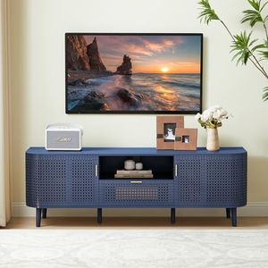 ORRD TV Stand for TVs Up to 65 Inch, Boho Wood Television Stands Media Entertainment Center Console Table with Curved Iron Rattan Doors and Drawer for Living Room - Blue