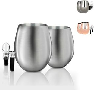 TenTen Labs Stainless Steel Stemless Wine Glasses (Set of 2) with Wine Aerator and Stopper - 18oz - Unbreakable Wine Glass for Outdoors, Travel, Camping and Pool - Brushed Silver