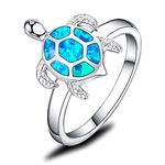 Mozume 925 Sterling Silver Sea Turtle Ring Created Blue Opal Shell with Glitter Effect Halo Solitaire Animal Statement Rings (6)