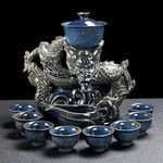 BlogBlog Lazy Kungfu Ceramic Tea Set,Semi-Automatic Rotating Dragon Tea Set with 8 Cups (Blue)