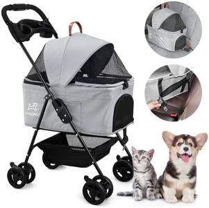 SKISOPGO Dog Cat Pet Gear 3-in-1 Foldable Pet Stroller Detachable Carrier, Car Seat and Stroller with Push Button Entry for Small Pets (gray)