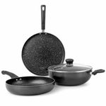 Cello Premium Induction Non Stick Cookware Kitchenova Gift Set of 3 (Dosa Tawa 28 cm, Fry Pan 24 cm, Kadai with Glass Lid 24 cm) | Black