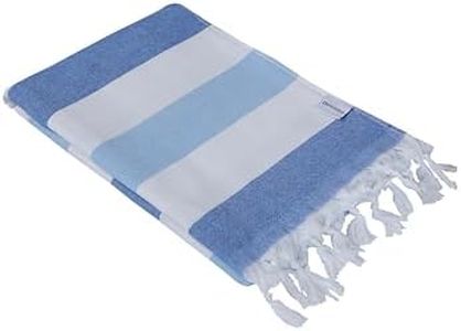 InfuseZen Terry Cloth Lined Turkish Bath & Beach Towel – Striped Design - 100% Organic Turkish Cotton - Soft, Lightweight, Absorbent Peshtemal - Quick Dry for Beach, Bath, Throw, Travel - Royal Blue