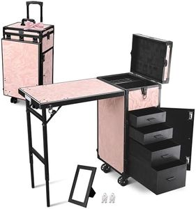 BYOOTIQUE Aluminum Rolling Manicure Table Makeup Train Case with Table Nail Trolley Foldable Nail Desk Cosmetology Case on Wheels Cosmetic Trolley Organizer 4 Drawers for Salon, CTB Pink