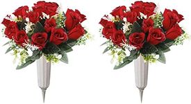 U'Artlines 2Pcs Artificial Cemetery Flowers for Grave Silk Memorial Red Rose Flowers Outdoor Grave Flowers for Grave Vase Cemetery Flower Arrangements (Not Included Vase)