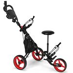 GYMAX Golf Push Pull Cart, Lightweight 3 Wheels Golf Trolley with Storage Bag, Foot Brake, Adjustable Umbrella Holder, Padded Seat and 4 Height Position Handle, Foldable Golf Bag Holder (Red)