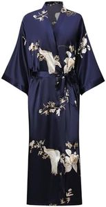 V Vaborous Women's Soft Long Satin Robes Long Silk Robes Full Length Robes Kimonos Silky Bath Robe Dressing Gowns, Floral Print Navy, XX-Large-3X-Large