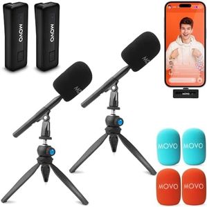 Movo Wireless Mini DI-Duo Wireless Microphone for iPhone Podcast Equipment Bundle with WMX-HM Handle/Desktop Mic Stand - Wireless iPhone Mics for Podcasting, Interviews, and Content Creation