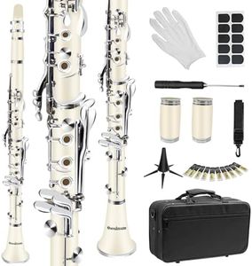 Soulmate Clarinet for Beginner Bb Clarinet Student Adults 17 Nickel-plated Keys with 2 Barrels 10 Reeds Hard Case and Clarinet Cleaning Kit, Woodwind Band & Orchestra Musical Instruments, White