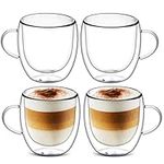 Set of 4 Double Walled Glass Mug Set, Double Walled Insulated Drinking Glass Coffee Mugs with Handle, Insulated Layer Coffee Cups, Clear Glass Mugs for Latte, Cappuccinos, Tea Bag, Juice (250ml)