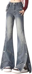 kakarin choyx Casual Straight Leg High Waisted Y2K Jeans Fashion Gradual Patchwork Sides Buttoned Split Flared Denim Pants S Vintage Blue