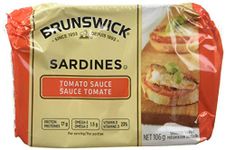 Brunswick Sardines in Tomato Sauce - 106g, 18 Count - Canned Sardines – Excellent Source of Protein - 17g of Protein Per 106g Serving - Contains Omega-3 & Iron – High in Vitamin D & Calcium