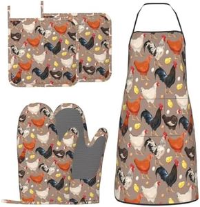 DONMYER Chicken Oven Mitts and Pot Holders with Apron Set of 5 Silicone Breeds of Chicken Kitchen Mitts and Non-Slip Potholders Apron Set Heat Resistant Funny Rooster Hen Chicken Oven Gloves Hot Pads