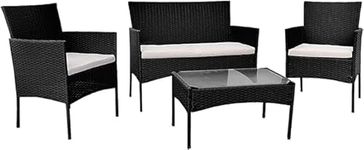 BUYEREMPIRE Rattan Garden Furniture with Sofa, Table, Chairs and Rain Cover Set Outdoor Bistro Patio Balcony, Backyard, Pool Side Coffee Seater with Cushions (Black Rattan with Rain Cover)