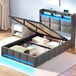 Rolanstar Twin Size Bed Frame with Lift Up Storage, Charging Station & LED Lights, Upholstered Bed with Heavy Duty Wooden Slats, No Box Spring Needed, Noise Free, Easy Assembly, Dark Grey