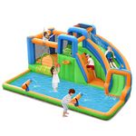 COSTWAY Inflatable Bouncy Castle, 6 in 1 Giant Water Park with Long Slide, Trampoline, Dual Climbing Walls & Water Cannons, Blow up Bounce House for Summer Outdoor Play