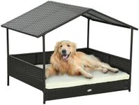 PawHut Rattan Dog House Outdoor with Shade Canopy, Elevated Wicker Dog Bed with Soft Cushion Washable Cover, for Medium Large Dogs, Cream White