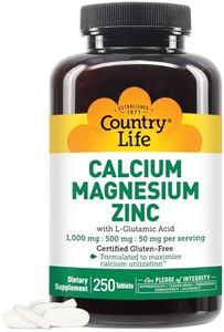 Country Life Calcium Magnesium Zinc with Vitamin D3 and L-Glutamic Acid, Dietary Supplement for Bone Support, Certified Gluten Free and Vegan, 1000mg/500mg/50mg, 250 Tablets