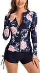 FEOYA Rash Guard for Women Long Sleeve Floral Sun Protection Zipper Two Piece Swimsuits Swim Shirt with Boy Shorts Flowers C XL