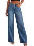 Sidefeel Women's Wide Leg Jeans High Waisted Strechy Raw Hem Denim Pants, Blue, 8