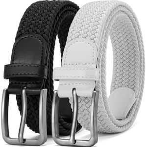 DOOPAI Elastic Braided Belt for Men 2 Pack, Stretch Woven Belt, casual Fabric Golf Belt, Black and White Belts, Gift Box