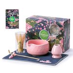 Buucup Matcha Whisk Set, Ceramic Matcha Set Includes Matcha Bowl, Matcha Whisk and Holder, Bamboo Scoop, Scoop Rest, Sifter and Tea Towel - 7 Pcs Matcha Kit for Matcha Lovers (Pink)