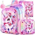 3Pcs Unicorn Backpack for Girls, 16" Sequin School Bookbag with Lunch Box, Kids Backpacks Set for Elementary Preschool Kindergarten(Pink)