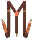 MENDENG Adjustable Suspenders for Men Bronze Metal Clips Braces with Leather, Brown Leather/Coffee, One Size