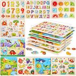 9 Pack Wooden Peg Puzzles for Toddlers with Puzzle Storage Rack Set Alphabet Wooden Toddler Puzzles Jigsaw Numbers Kids Wood Puzzles for 2-4 Years Educational Learning Knob Puzzle