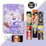 CRAFT MANIACS ONE PIECE LUFFY GEAR 5 PURPLE COLLAGE RULED 160 PAGES DIARY, 6 FREEBIE BOOKMARKS,ONE FREE WOODEN KEYCHAIN & ONE 58 MM PIN BADGE | BEST ANIME GIFT FOR ONE PIECE LOVERS