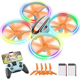 Drone con Telecamera HD per Bambini, Giocattolo Regalo WiFi Droni Telecomandati con Luce LED, RC Quadricottero Elicottero con Modalità Senza Testa, Funzione Hovering, 3D Flip e 2 Batterie